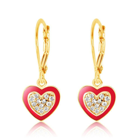 Yellow Gold Tone Crystal Enamel Heart Leverback Earrings