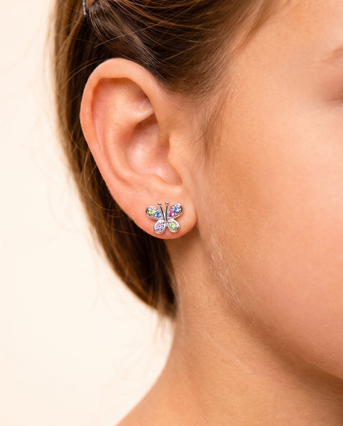 Butterfly Mulit-color Crystal White Gold Palladium Plating Hypoallergenic Kids Screwback Stud Earrings Surgical Titanium Posts
