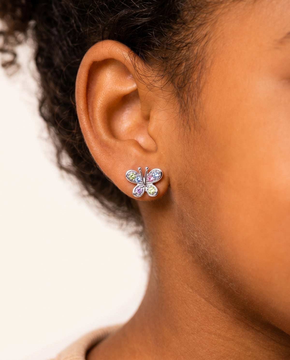 Butterfly Mulit-color Crystal White Gold Palladium Plating Hypoallergenic Kids Screwback Stud Earrings Surgical Titanium Posts