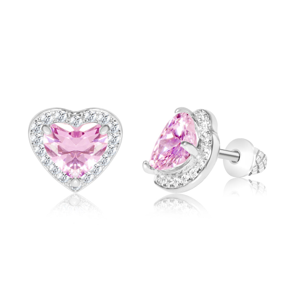 Pink Halo Heart Screwback Earrings for Kids – Hypoallergenic White Gold Plated