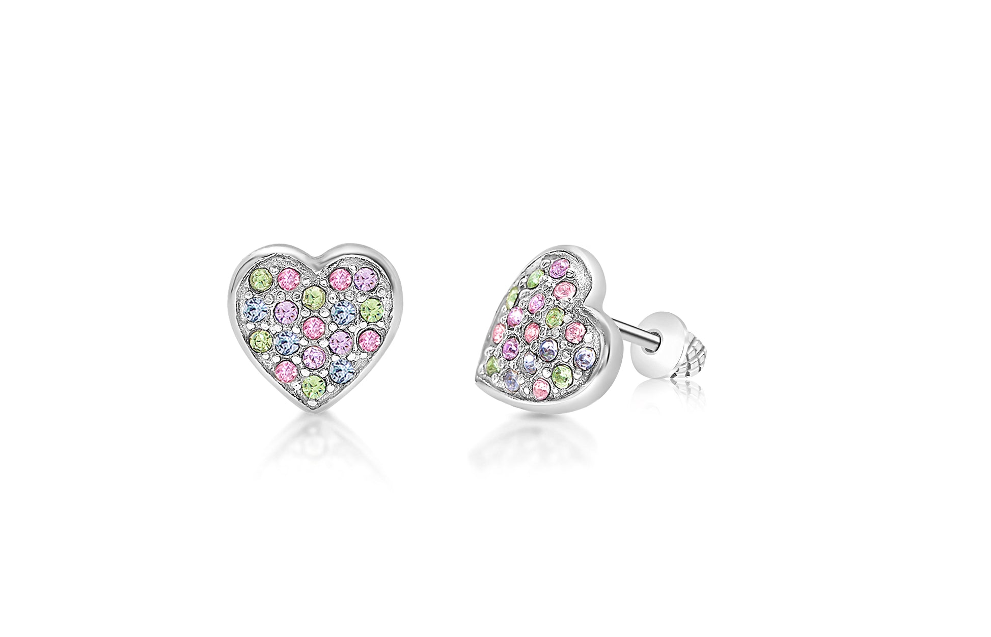 Heart Multi-color Crystal White Gold Plating Hypoallergenic Kids Screwback Stud Earrings Surgical Titanium Posts