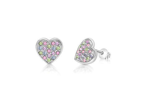 Heart Multi-color Crystal White Gold Plating Hypoallergenic Kids Screwback Stud Earrings Surgical Titanium Posts