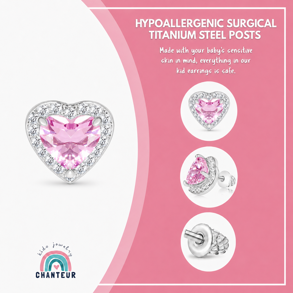 Pink Halo Heart Screwback Earrings for Kids – Hypoallergenic White Gold Plated