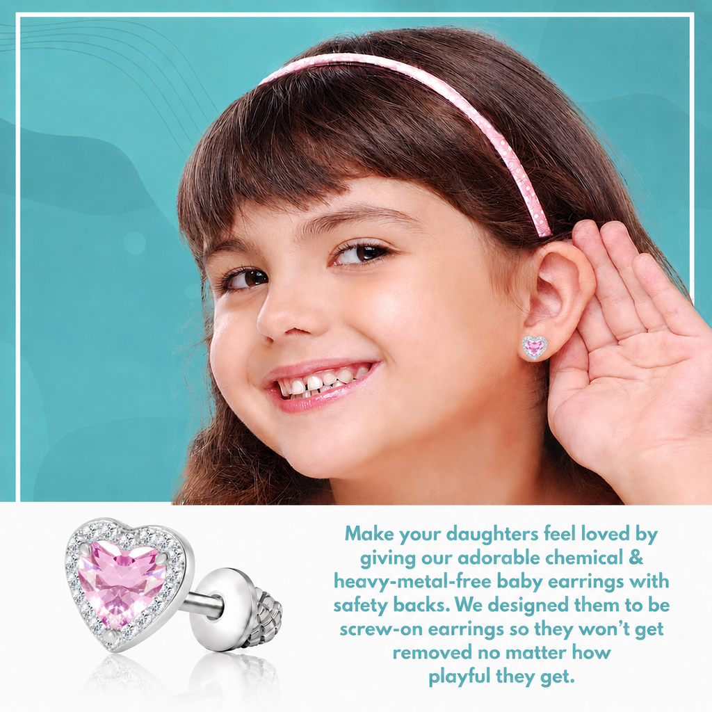 Pink Halo Heart Screwback Earrings for Kids – Hypoallergenic White Gold Plated