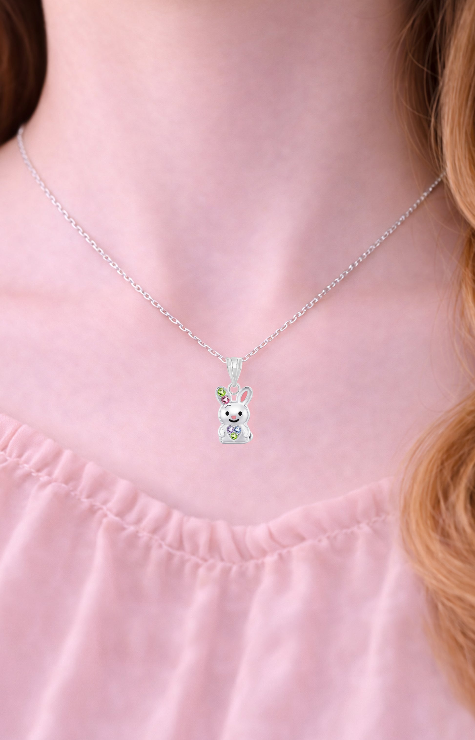 Hypoallergenic Kids Bunny Pendant Necklace for Girls, White Gold Tone