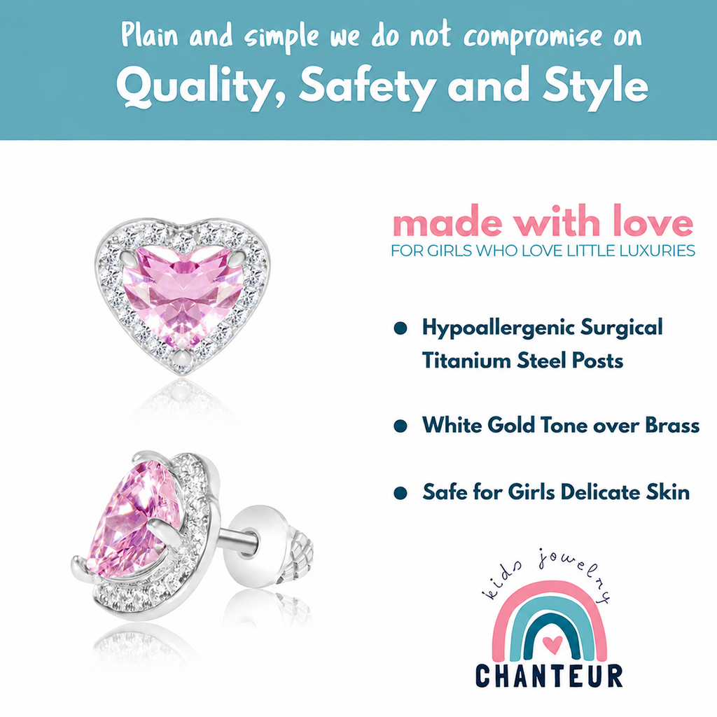 Pink Halo Heart Screwback Earrings for Kids – Hypoallergenic White Gold Plated