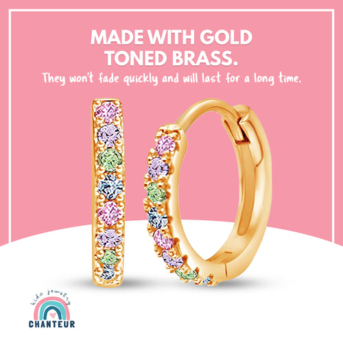 Round Crystal Yellow Gold Brass Plating Hypoallergenic Kids Hoop Earrings