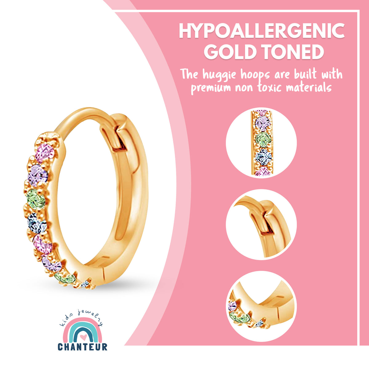 Round Crystal Yellow Gold Brass Plating Hypoallergenic Kids Hoop Earrings