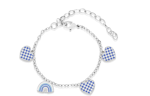 Heart Blue  Checkered  White Gold Plating Girl's Adjustable Charm Bracelet Earth2Jane