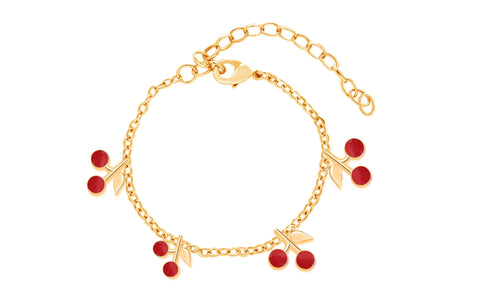 Red Cherry enamel crystal Yellow gold Plating Girl's Adjustable Charm Bracelet Earth2Jane