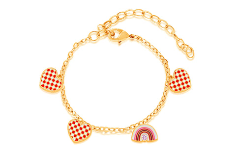 Red Heart Checkered Yellow gold Plating Girl's Adjustable Charm Bracelet Earth2Jane