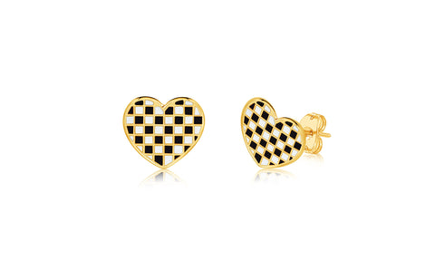 Black White Heart Checkered Yellow Gold Plated Girl's Screwback Stud Earring Earth2Jane