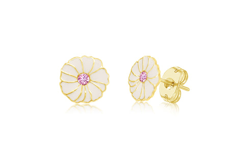 Flower White Enamel Pink Crystal Yellow Gold Plated Girl's Screwback Stud Earring Earth2Jane