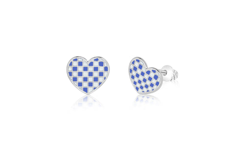 Heart Blue CHeckered White Gold Plated Girl's Screwback Stud Earring Earth2Jane