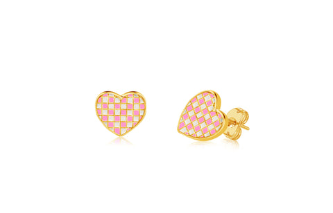 Heart Checkered Pink Enamel Yellow Gold Plated Girl's Screwback Stud Earring Earth2Jane