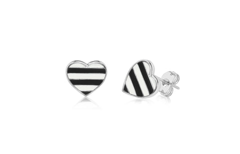 Heart White Black Stripes White Gold Plated Girl's Screwback Stud Earring Earth2Jane