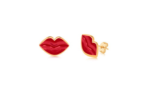 Red Lips Enamel Yellow Gold Plated Girl's Screwback Stud Earring Earth2Jane