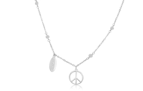 Peace Sign White Crystal White Gold Plating Girl's Chained Necklace Pendant Earth2Jane