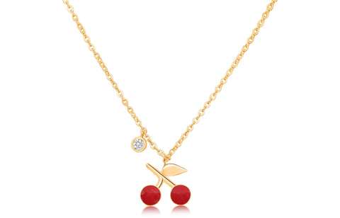 Red Cherry White Crystal Yellow Gold Plating Girl's Chained Necklace Pendant Earth2Jane