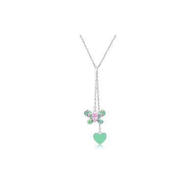 Butterfly Green Heart Crystal White Gold Palladium Plating Hypoallergenic Kids Necklace