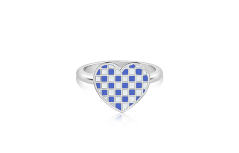 Heart Blue Checkered White Crystal White Gold Plated Girl's Rings Earth2Jane Size 4