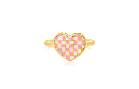 Heart Checkered Yellow Pink Enamel Yellow Gold Plated Girl's Rings Earth2Jane