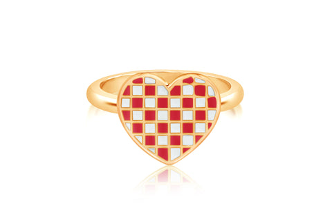 Heart Red Checkered Enamel White Gold Plated Girl's Rings Earth2Jane Size 4