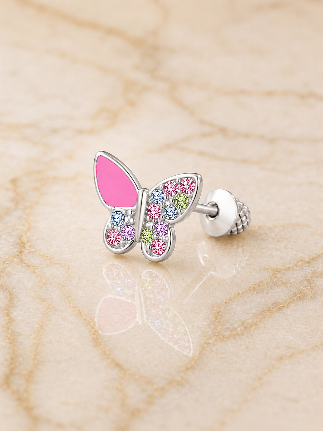 Butterfly Pink Crystal White Gold Palladium Plating Hypoallergenic Kids Screwback Stud Earrings Surgical Titanium Posts - close-up