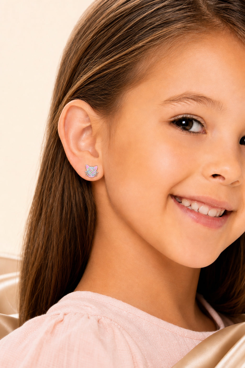 Cat Pink Multi-color Crystal White Gold Palladium Plating Hypoallergenic Kids Screwback Stud Earrings Surgical Titanium Posts - worn