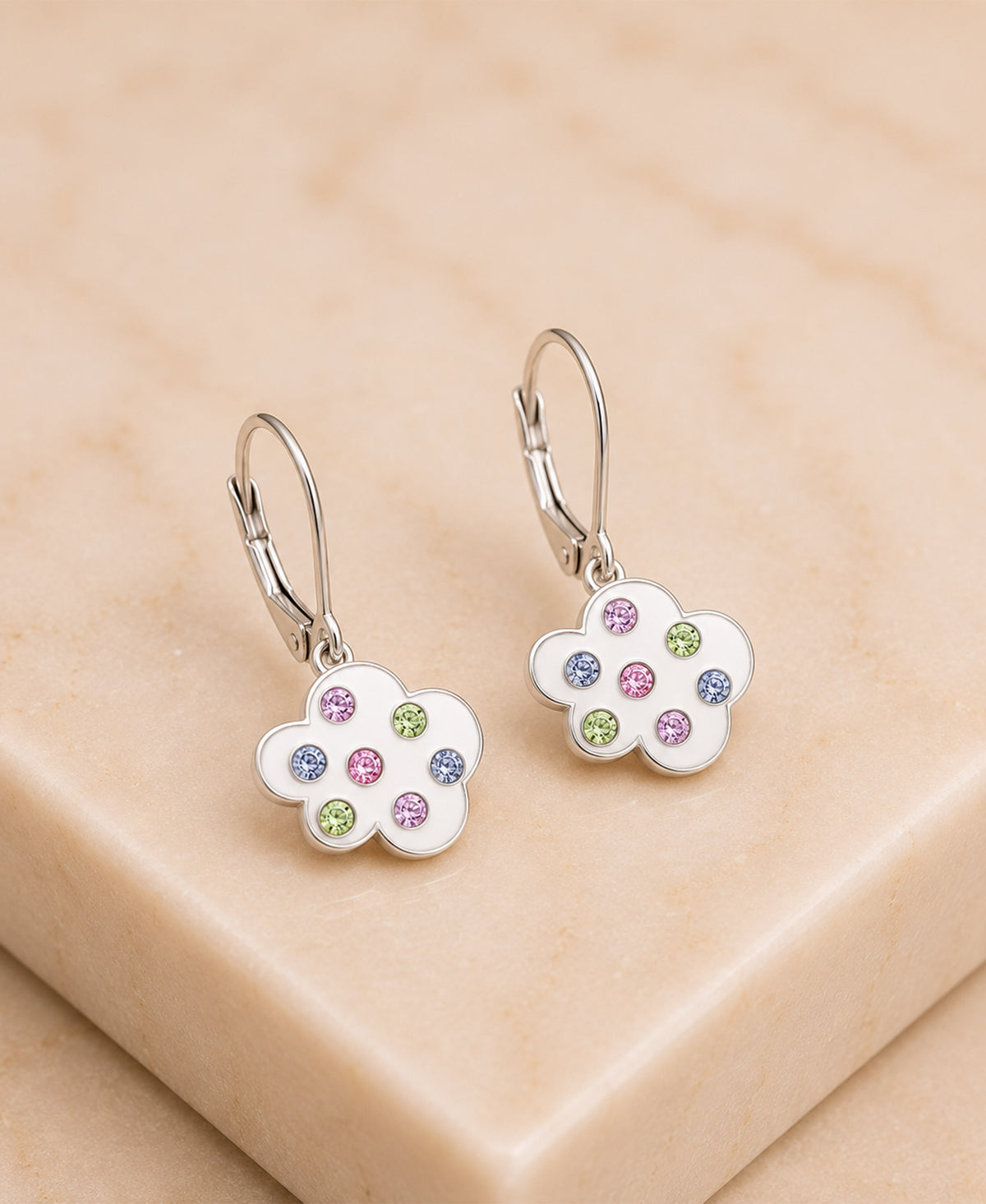 White Cloud Multi-color Crystal White Gold Palladium Plating Girl's Leverback Earrings - close-up