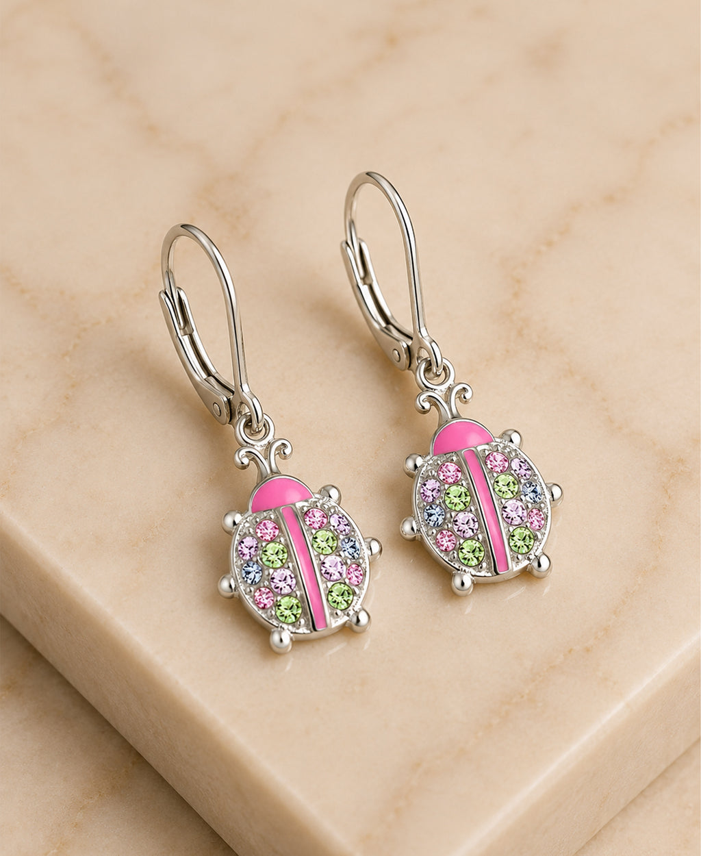 Ladybug Crystal White Gold Palladium Plating Hypoallergenic Kids Leverback Earrings - close-up