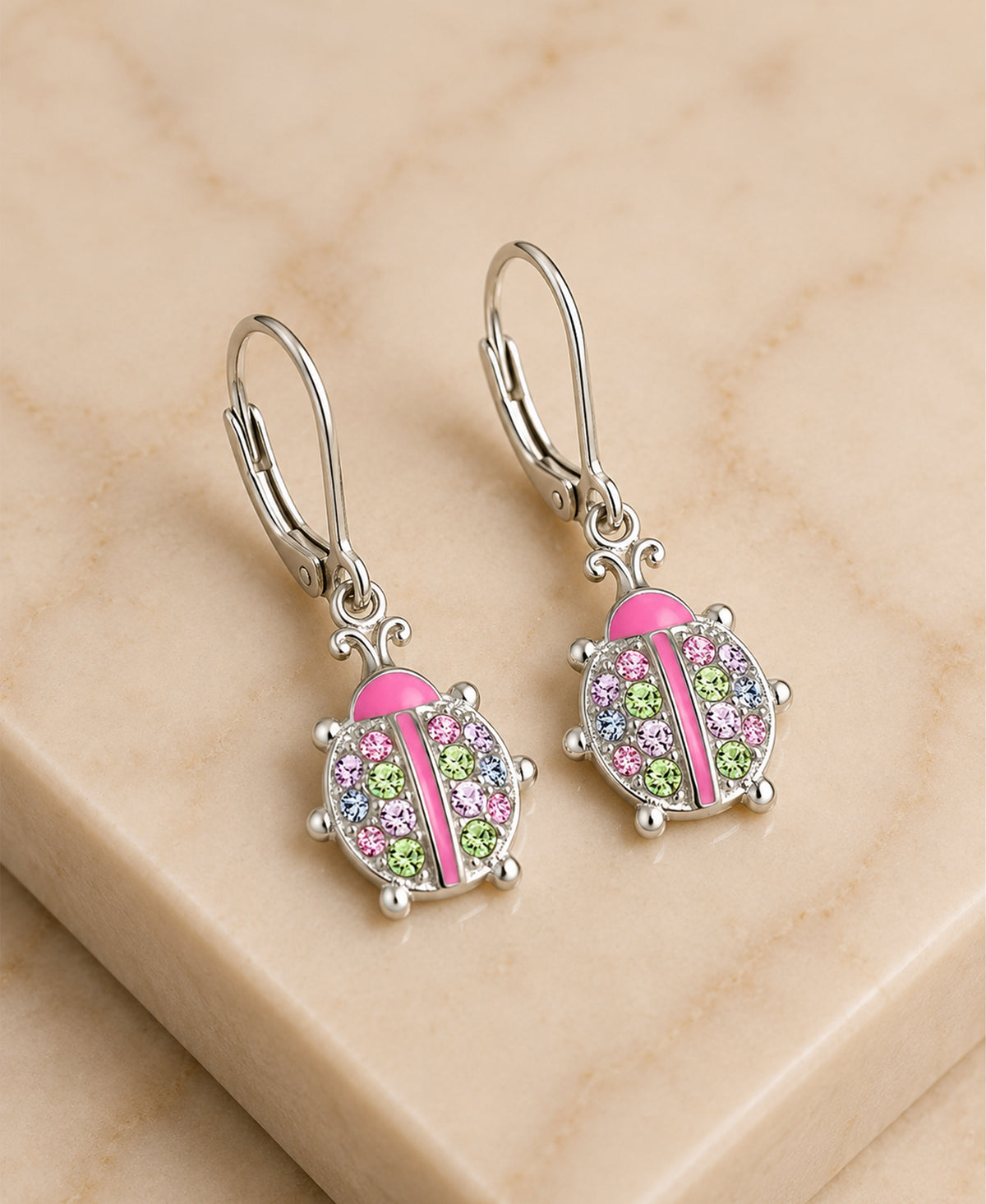 Ladybug Crystal White Gold Palladium Plating Hypoallergenic Kids Leverback Earrings - close-up