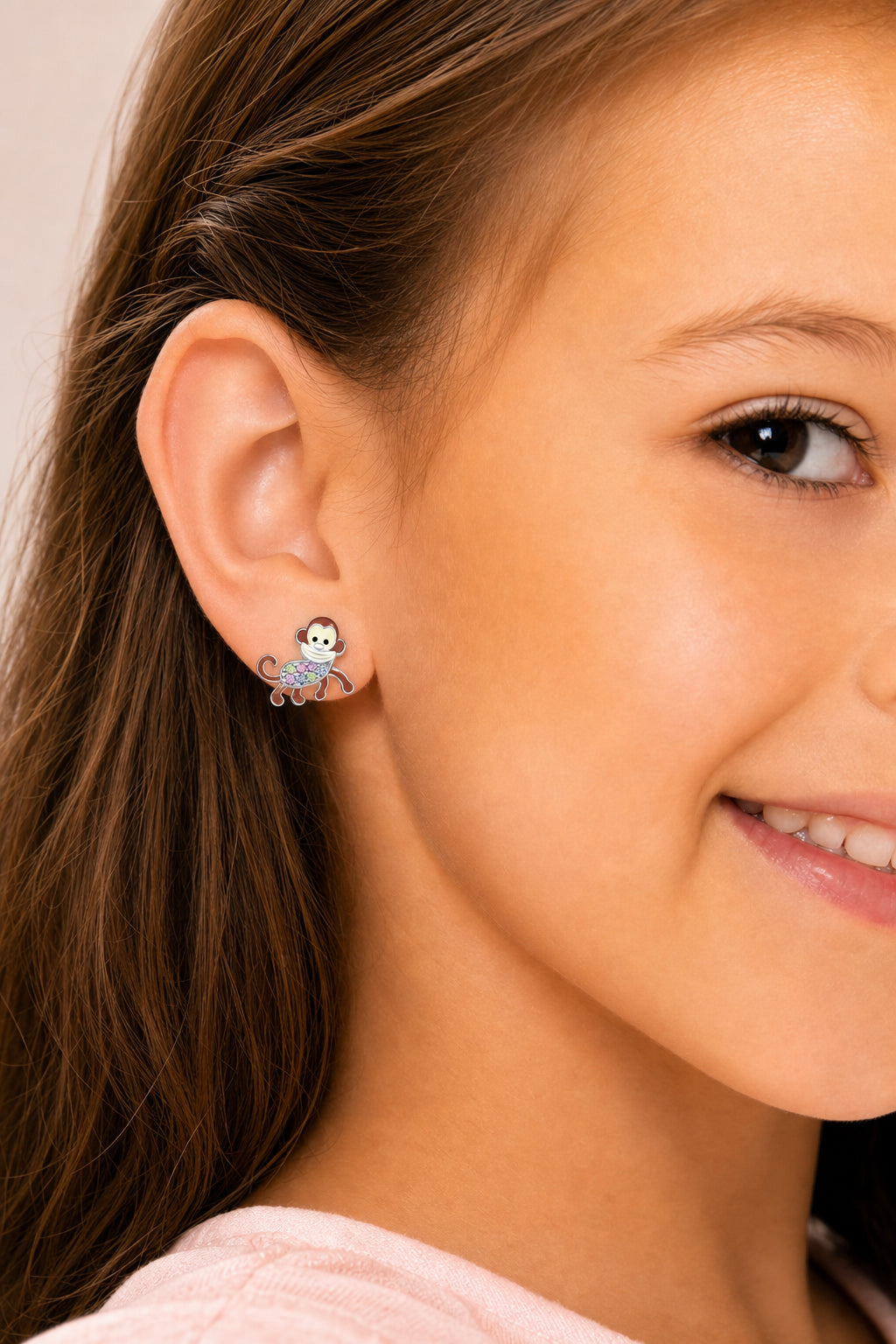 Monkey Crystal White Gold Palladium Plating Hypoallergenic Kids Screwback Stud Earrings Surgical Titanium Posts - worn