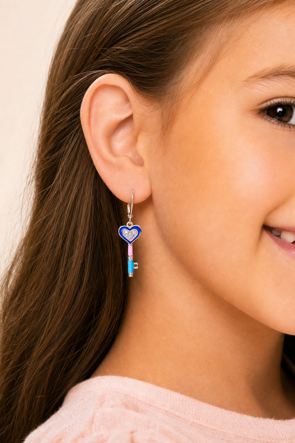 Heart Key Crystal White Gold Palladium Plating Hypoallergenic Kids Leverback Earrings - worn