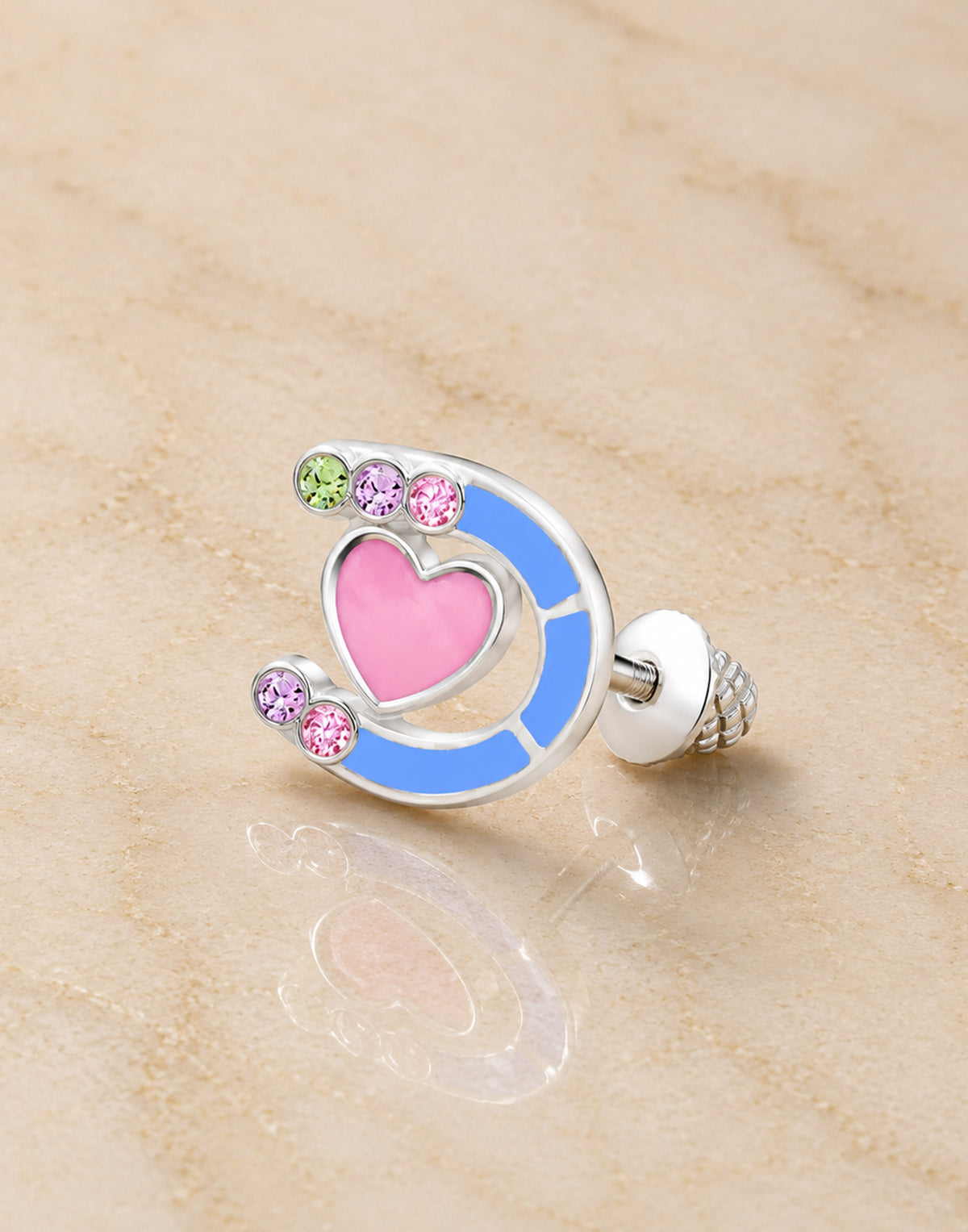 Horse Shoe Heart Crystal White Gold Palladium Girl's Screwback Stud Earrings - close-up