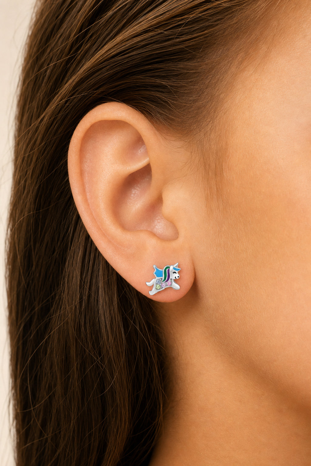 Unicorn Crystal White Gold Palladium Plating Hypoallergenic Kids Screwback Stud Earrings Surgical Titanium Posts - worn