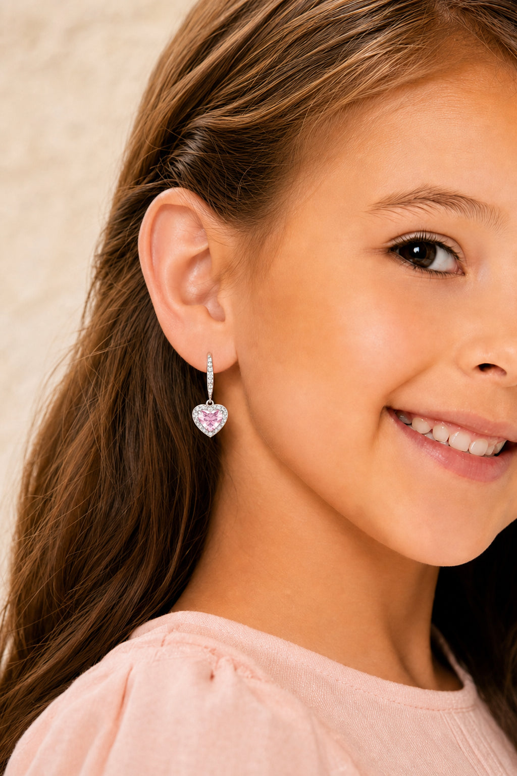 Heart Pink Crystal White Gold Palladium Plating Hypoallergenic Kids Leverback Earrings - worn