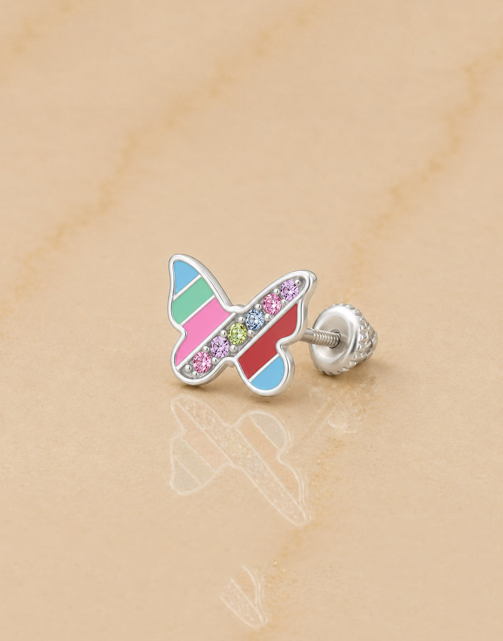 Butterfly Blue Stripes Crystal White Gold Palladium Plating Hypoallergenic Kids Screwback Stud Earrings Surgical Titanium Posts - close-up