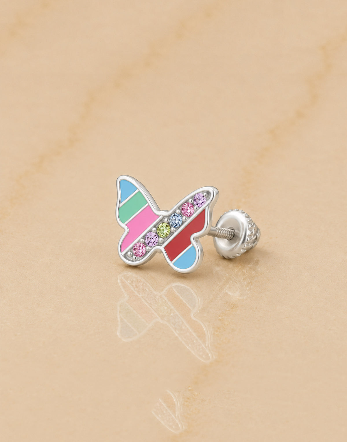 Butterfly Blue Stripes Crystal White Gold Palladium Plating Hypoallergenic Kids Screwback Stud Earrings Surgical Titanium Posts - close-up