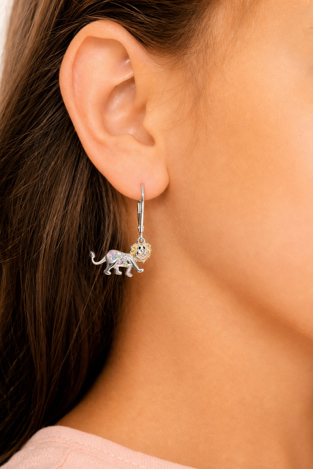 Lion Crystal White  Gold Palladium Plating Hypoallergenic Kids Leverback Earrings are made from 925 Sterling silver - worn