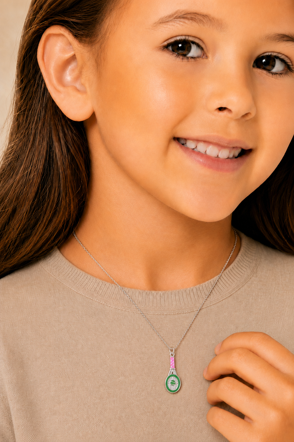 Tennis Racket Green Pink Crystal White Gold Palladium Plating Hypoallergenic Kids Necklace - worn