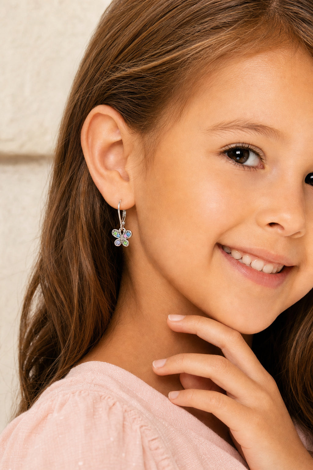 Butterfly Crystal White Gold Palladium Plating Hypoallergenic Kids Earrings leverback is made from 925 Sterling silver - worn