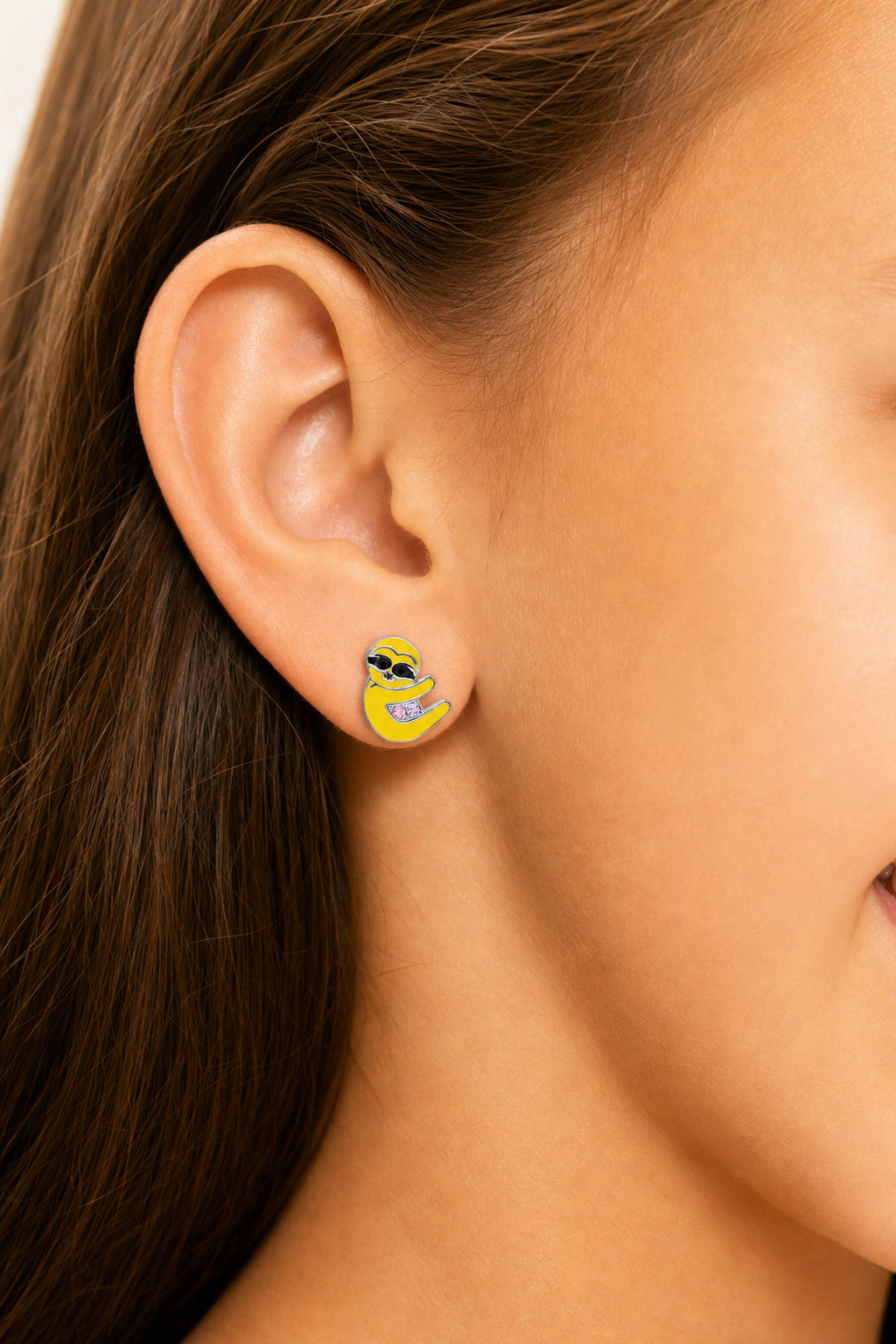 Sloth Crystal White Gold Palladium Plating Hypoallergenic Kids Screwback Stud Earrings Surgical Titanium Posts - worn