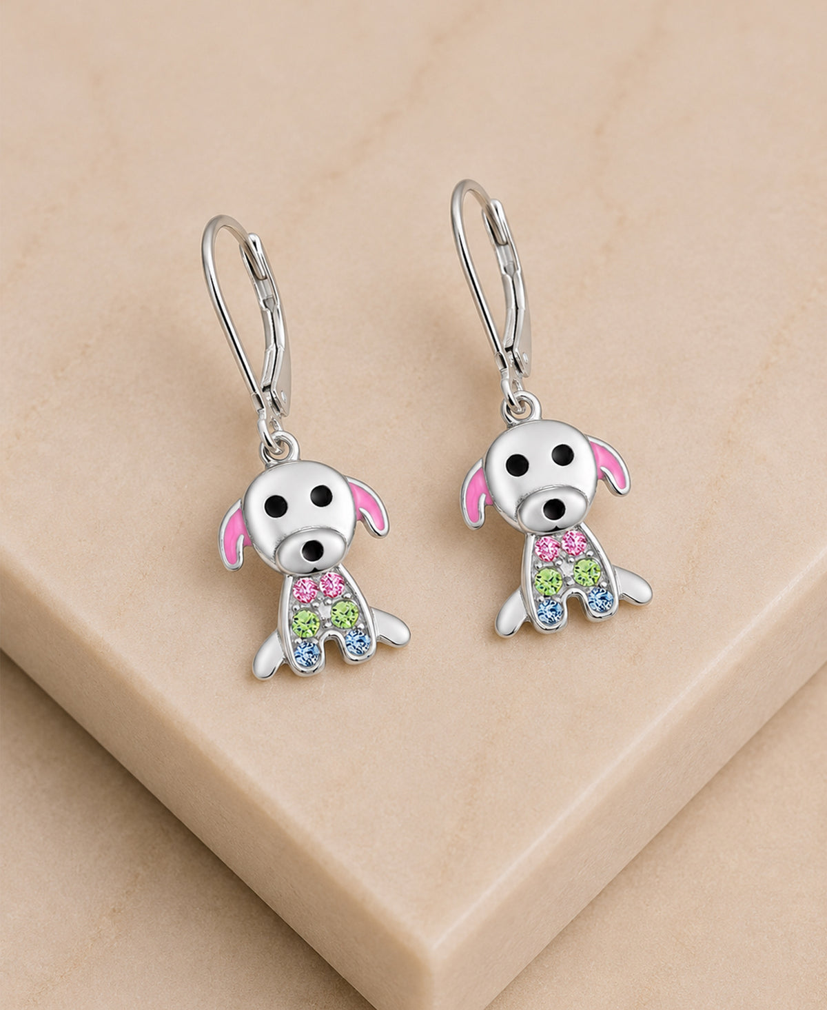 Dog Crystal White Gold Palladium Plating Hypoallergenic Kids Leverback Earrings - close-up