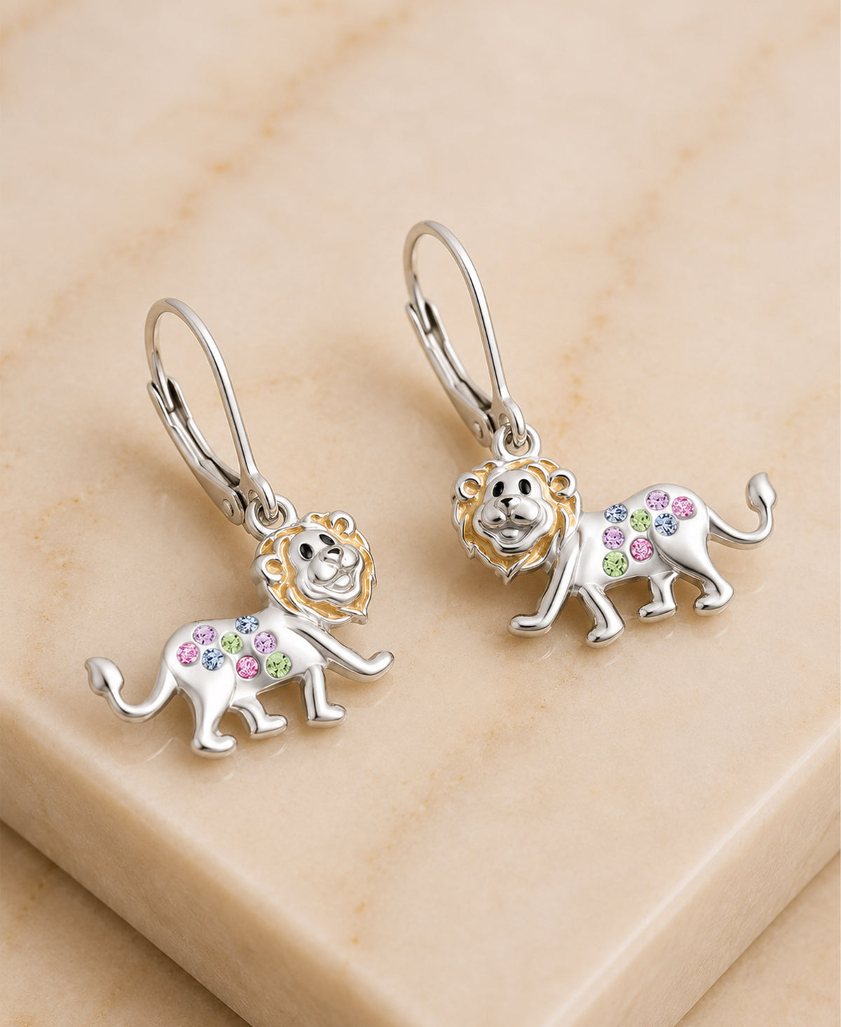 Lion Crystal White  Gold Palladium Plating Hypoallergenic Kids Leverback Earrings are made from 925 Sterling silver - close-up