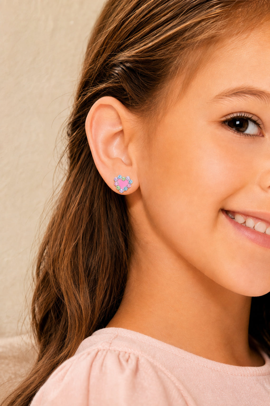 Heart Pink Crystal Enamel White Gold Palladium Plating Hypoallergenic Kids Screwback Stud Earrings Surgical Titanium Posts - worn