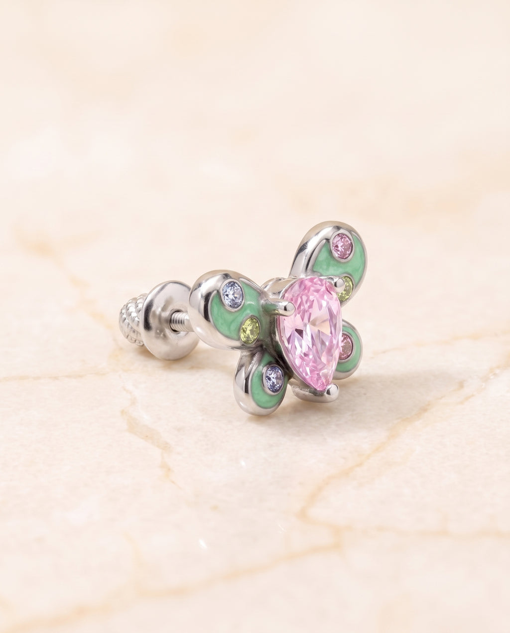 Butterfly Pink Green Crystal White Gold Palladium Plating Hypoallergenic Kids Screwback Stud Earrings Surgical Titanium Posts - close-up