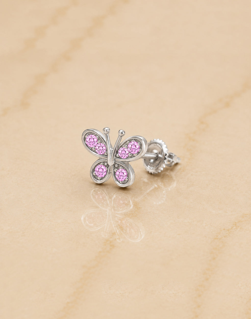 Butterfly Pink Crystal White Gold Palladium Plating Hypoallergenic Kids Screwback Stud Earrings Surgical Titanium Posts - close-up
