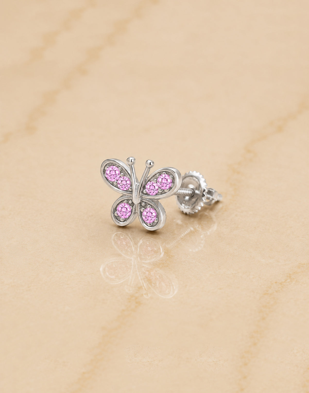 Butterfly Pink Crystal White Gold Palladium Plating Hypoallergenic Kids Screwback Stud Earrings Surgical Titanium Posts - close-up