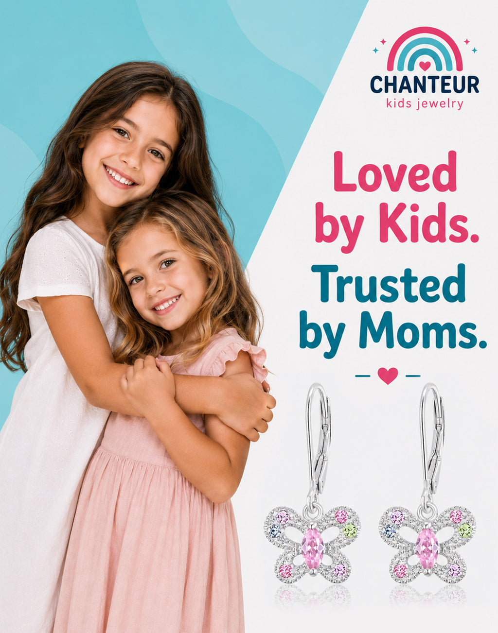 Butterfly Crystal White Gold Palladium Plating Hypoallergenic Kids Leverback Earrings - gift and lifestyle